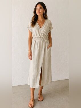 Karen Kane Linen Blend Wrap Midi Dress Women’s Small Beige Short Sleeve Casual